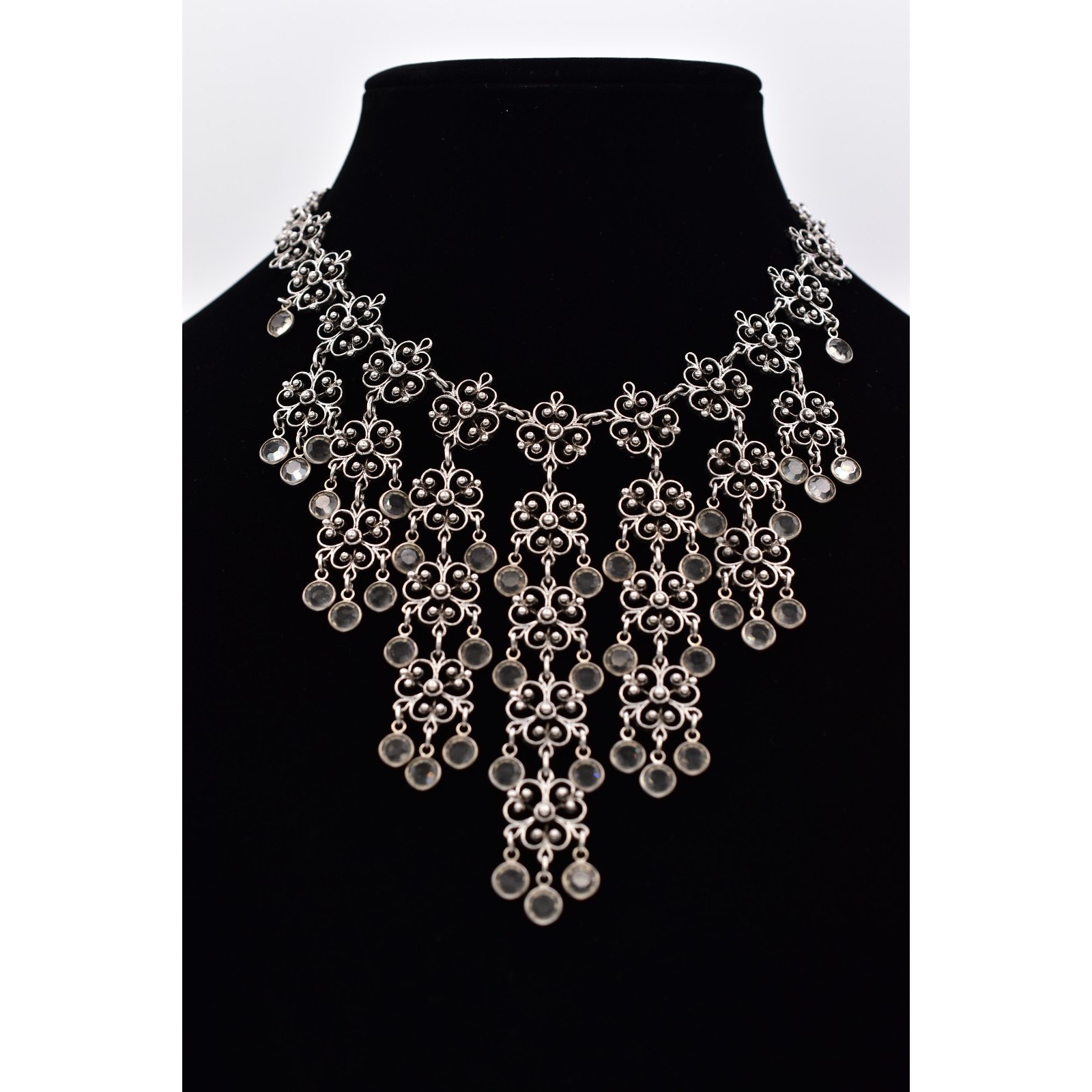 Goldette Festoon Bib Collar Necklace Open Bezel Crystal Statement Signed Binau